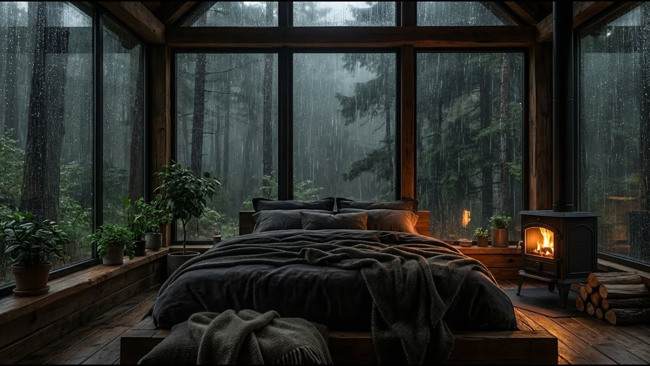 Quiet Bliss: Forest Rain & Felt Piano in Cozy Wood Cabin Room for Total Relaxation 🌧️