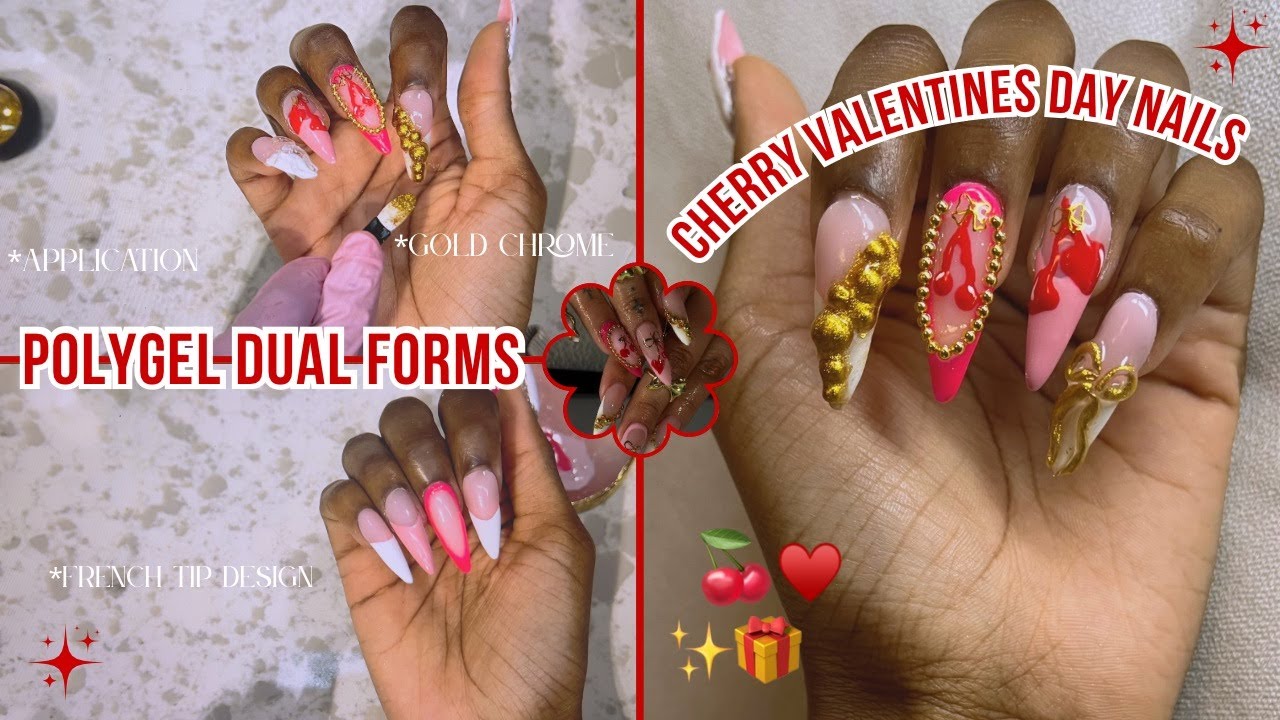 do my nails with me✨ | cherry v-day nails | chrome design | *full tutorial