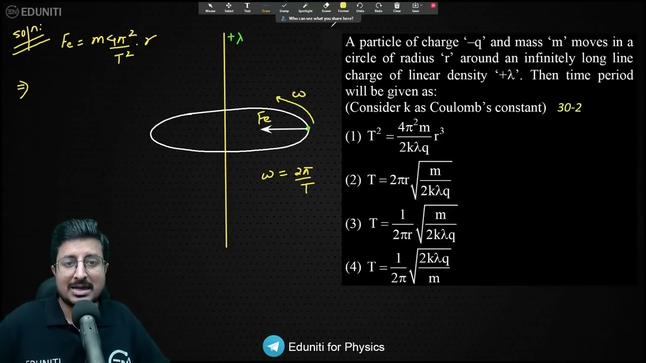 A particle of charge &lsquo;&ndash;q&rsquo; and mass &lsquo;m&rsquo; moves in a circle of radius &lsquo;r&rsquo; around an infinitely long lin