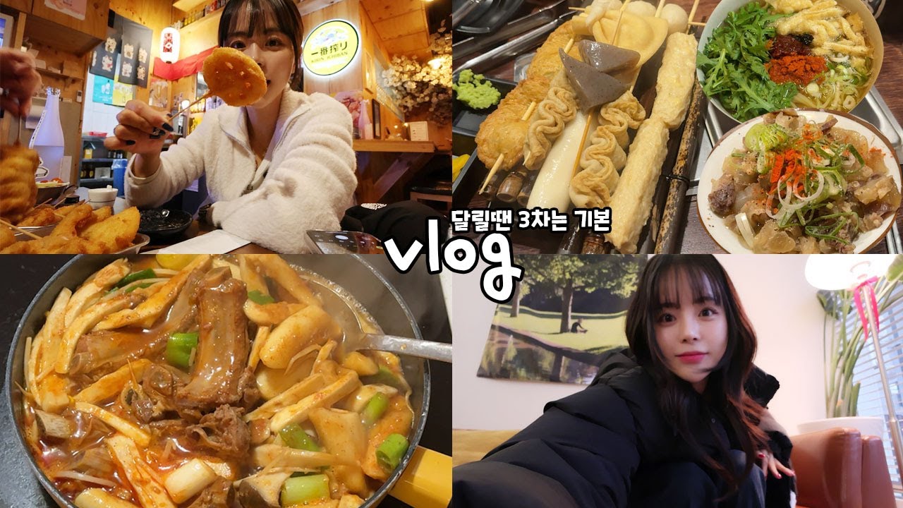 [먹방vlog] 각잡고 달리는 고주망태의 삶 _ 깡우동+얼큰닭전골+오뎅바+스지탕+팔덕등갈비+쿠시카츠+준코노래방