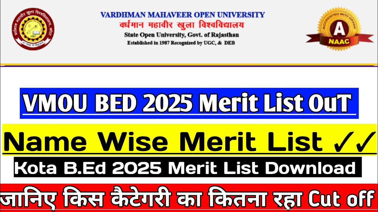 VMOU BED 2025 Merit List || Name Wise, Category Wise Cut off Mark's, Allotment Letter || Merit List