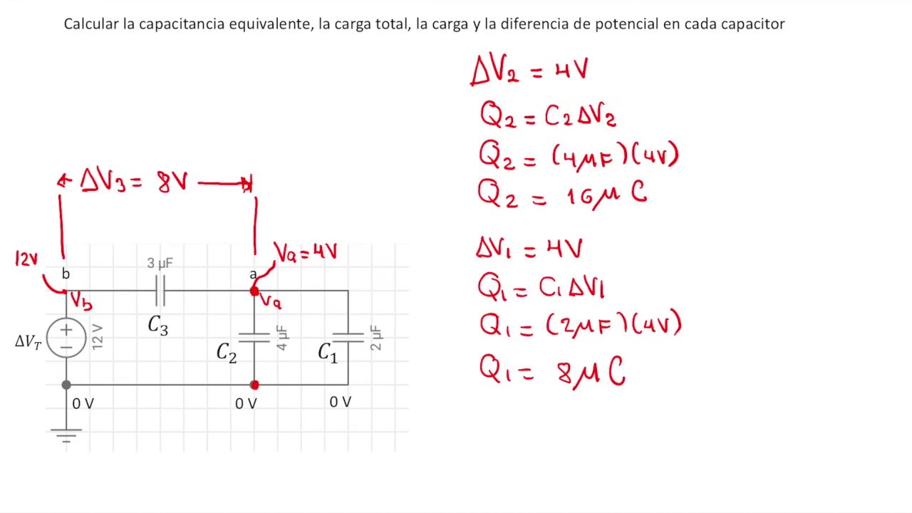 Capacitores en arreglo mixto 1, c&aacute;lculo de carga y diferencia de potencial en circuitos.