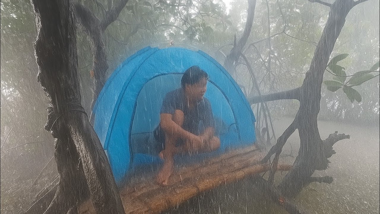 CAMPING IN HEAVY RAIN, I SETUP A COZY TENT IN THE HEIGHT OF THE TREE