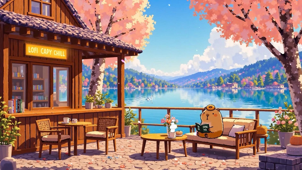 Relaxing Lakeside Cafe ☕ Spring Morning with Warm Lofi Music 🌿 Lofi Deep Focus to study/work/relax
