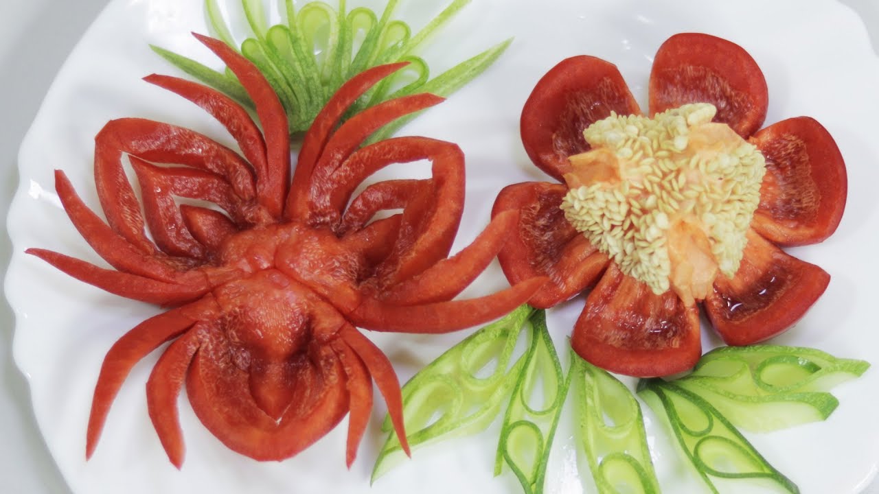 2 Simple Red Capsicum Flower Carving Garnish - Red Bell Pepper Vegetable Carving Designs