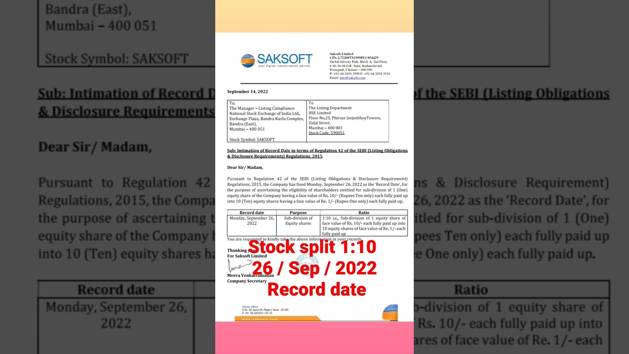 1 share into 10 SHARES | saksoft Ltd share latest news | stock split record date update