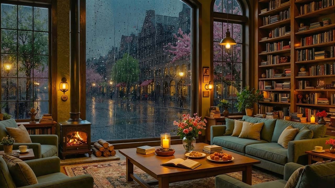 Cozy Jazz Night by the Rainy Window at Coffee Shop Ambience & Fireplace Crackle for Study,Work,Rest