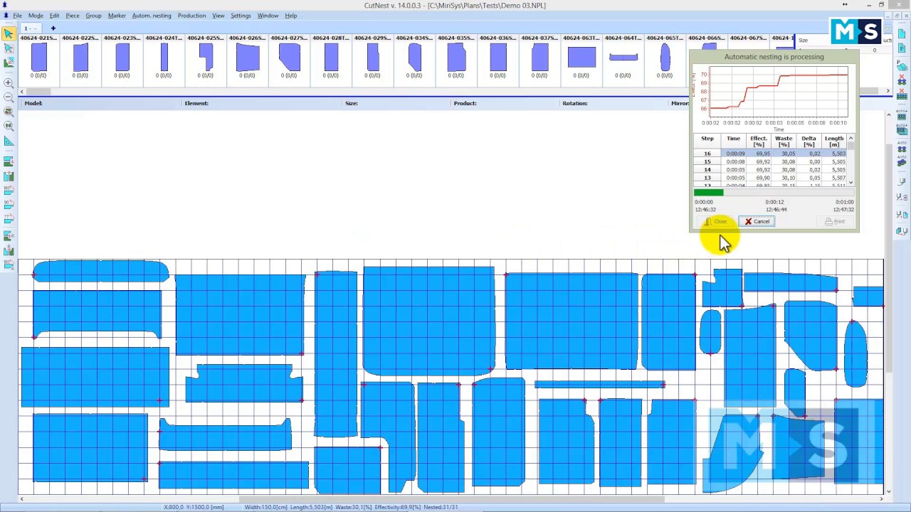 MiriSys automatic nesting elements on patterned fabrics with matching point