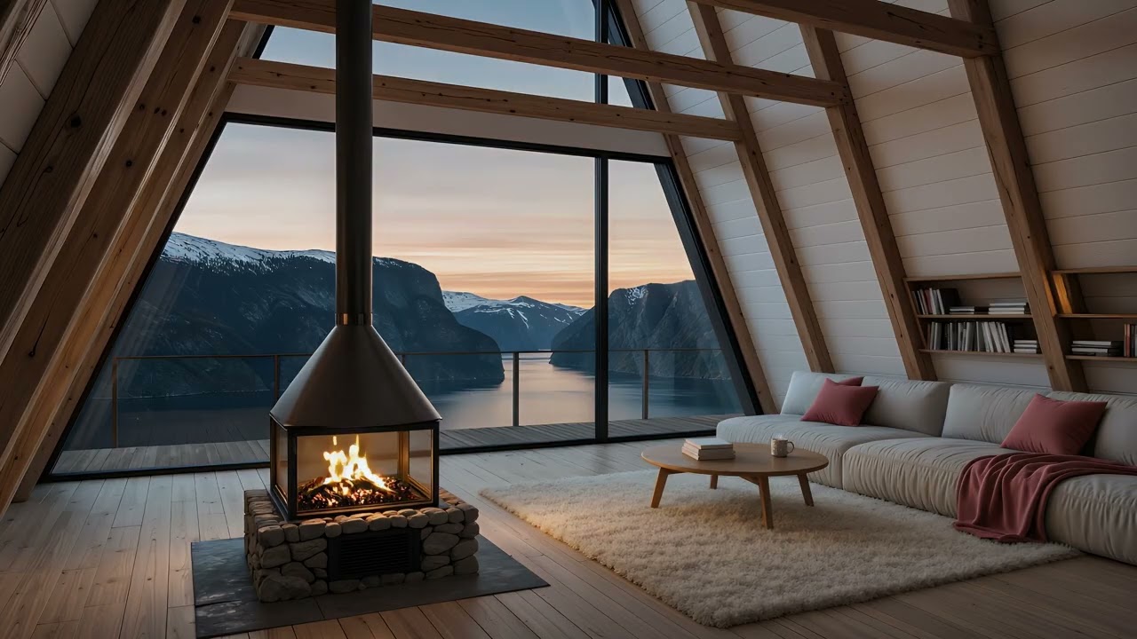 Cozy A-Frame Chalet Fireplace 🔥🏔️ | Fjord Mountain Sunset Ambience
