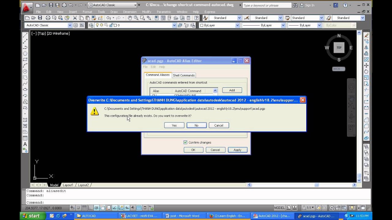 Edit shortcut command in AutoCAD 2012