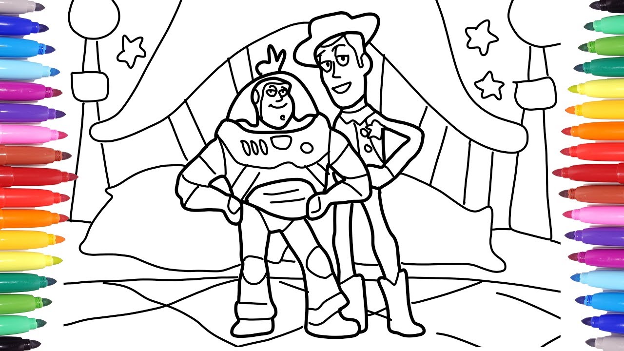DISNEY'S TOY STORY 4 - DRAWING AND COLORING BUZZ AND WOODY IN THEIR BEDROOM