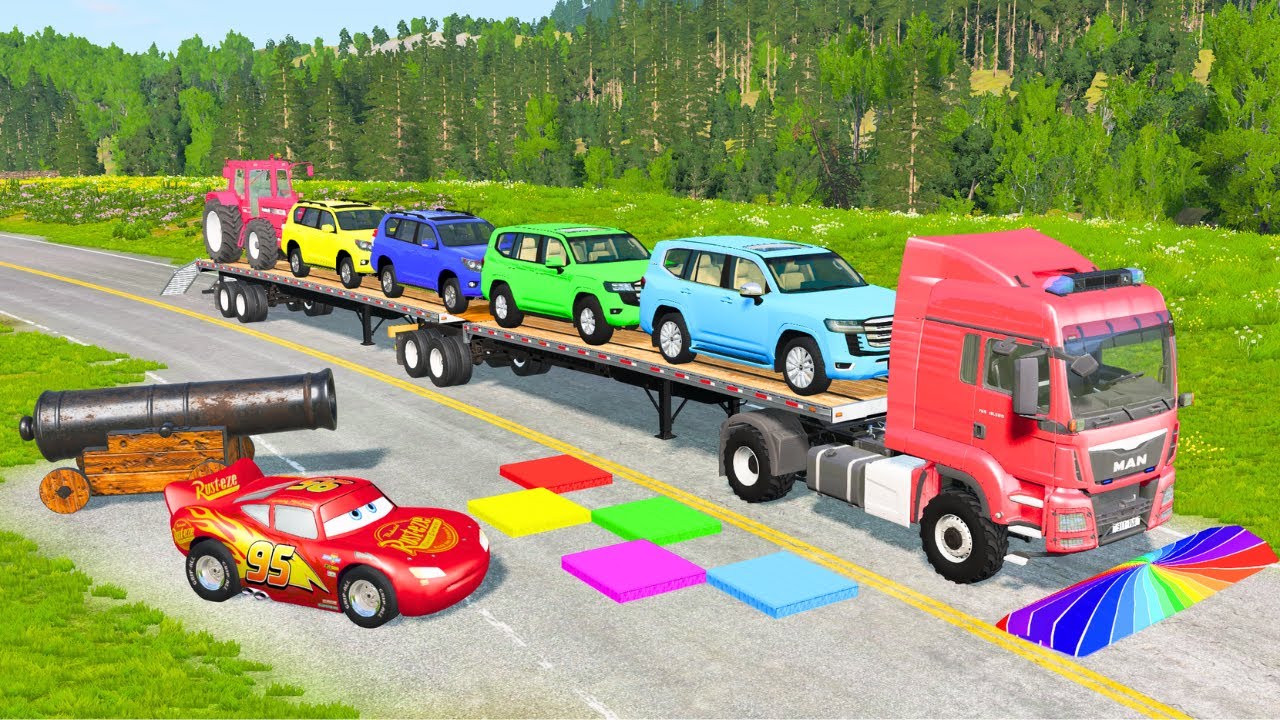 Flatbed Truck Mcqueen | Transportation with Truck - Pothole vs Car #151 - BeamNG.Drive