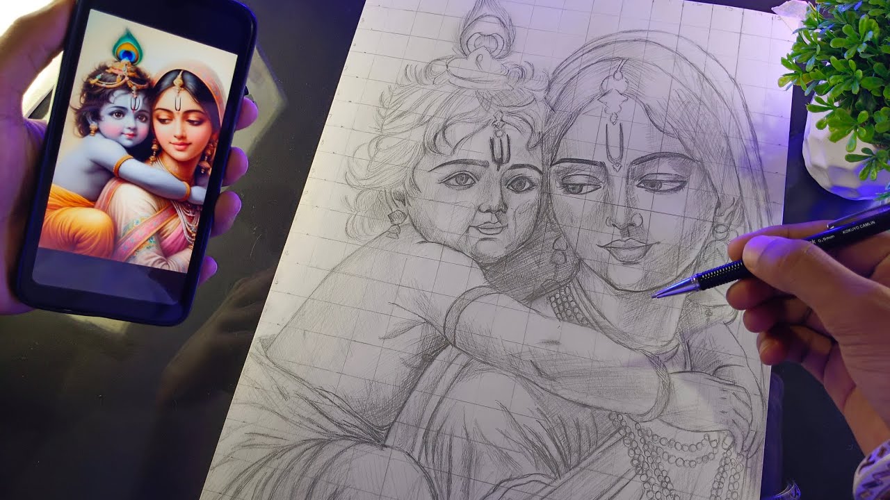 Krishna ji and yashoda Maiya Maiya ll step by step drawing ll outline tutorial 😍🙏