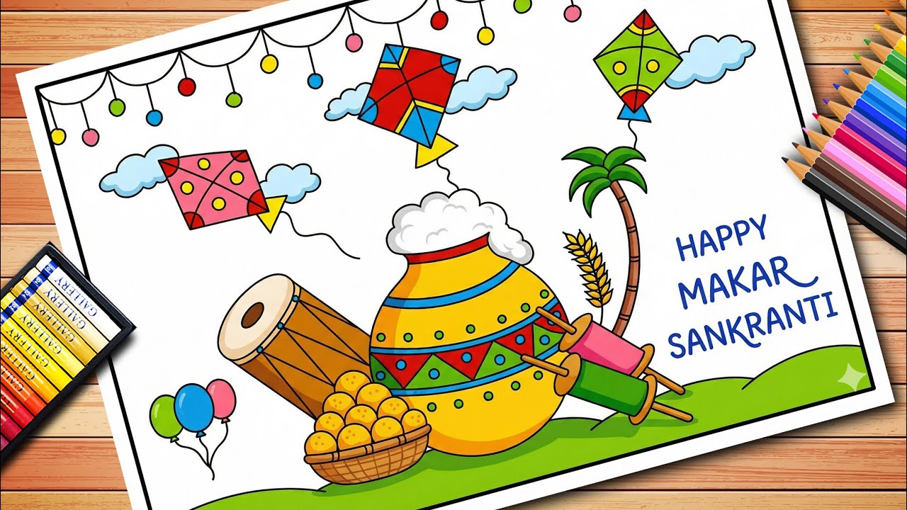 Easy Makar Sakranti Drawing | Makar Sankranti Festival Drawing Easy Steps | Makar Sankranti Drawing