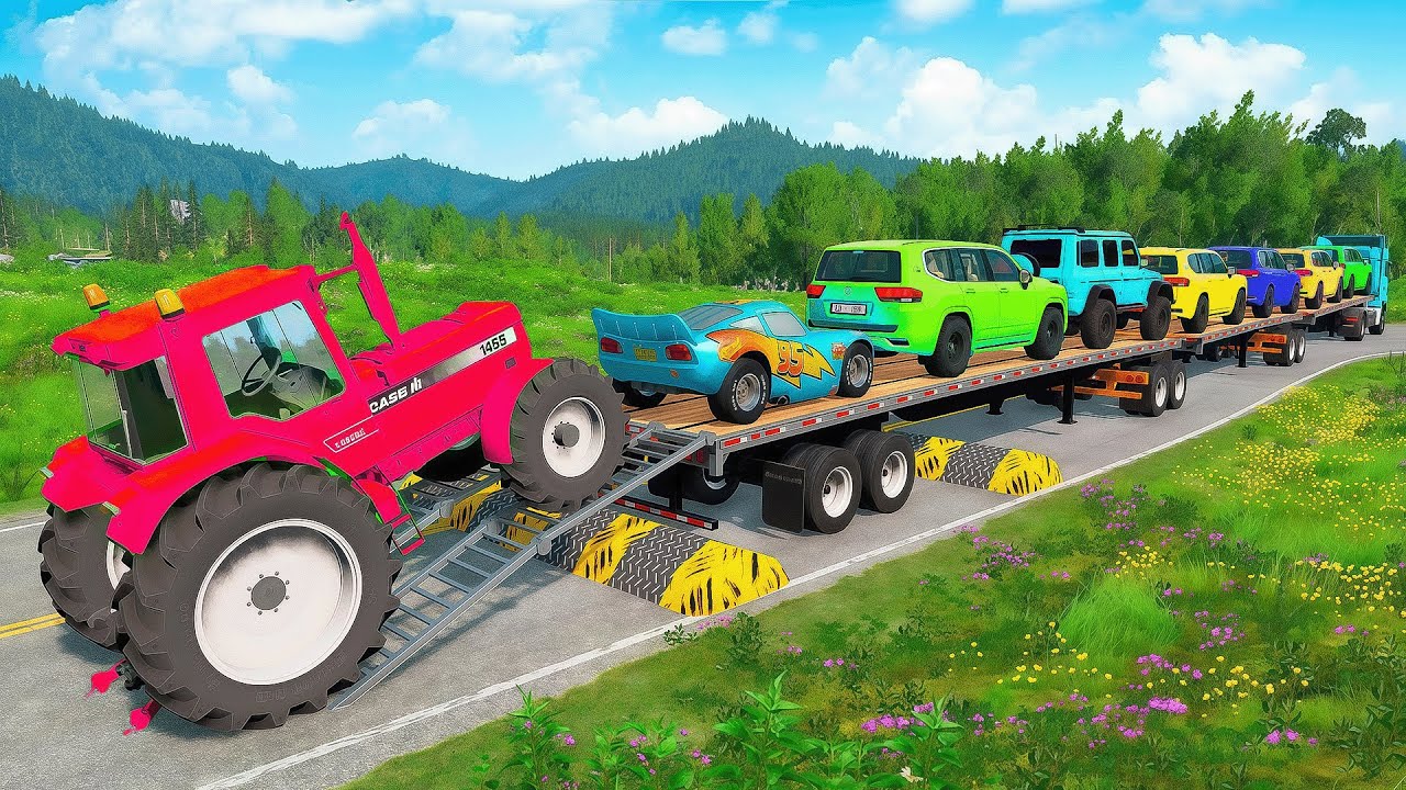 Flatbed Trailer McQueen Transportation with Truck - Speedbumps vs Cars vs Train - BeamNG.Drive #36