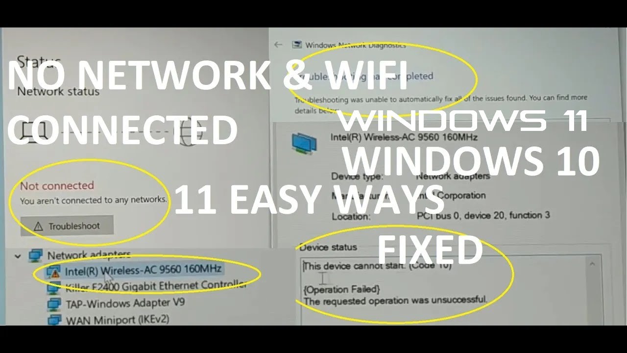 Нет сети, подключение по Wi-Fi в Windows 11 и 10, код 10, беспроводной AC 9560 не работает. Испра...