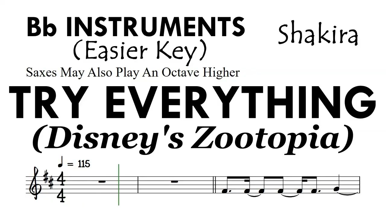 Try Everything Bb Instruments Easier Key Sheet Music Backing Track Partitura Shakira  From Disney's