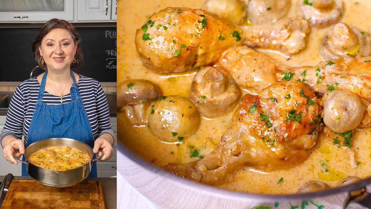 Fricassée de pui cu ciuperci - rețeta de pulpe de pui fragede în cel mai cremos și delicios sos!