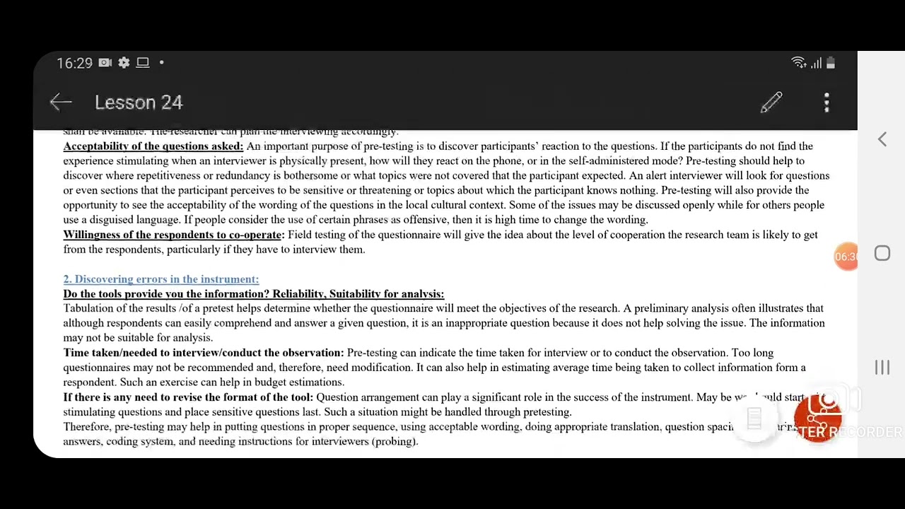 STA630 Research Method || Lecture # 24 || Pilot Testing of the Questionnaire