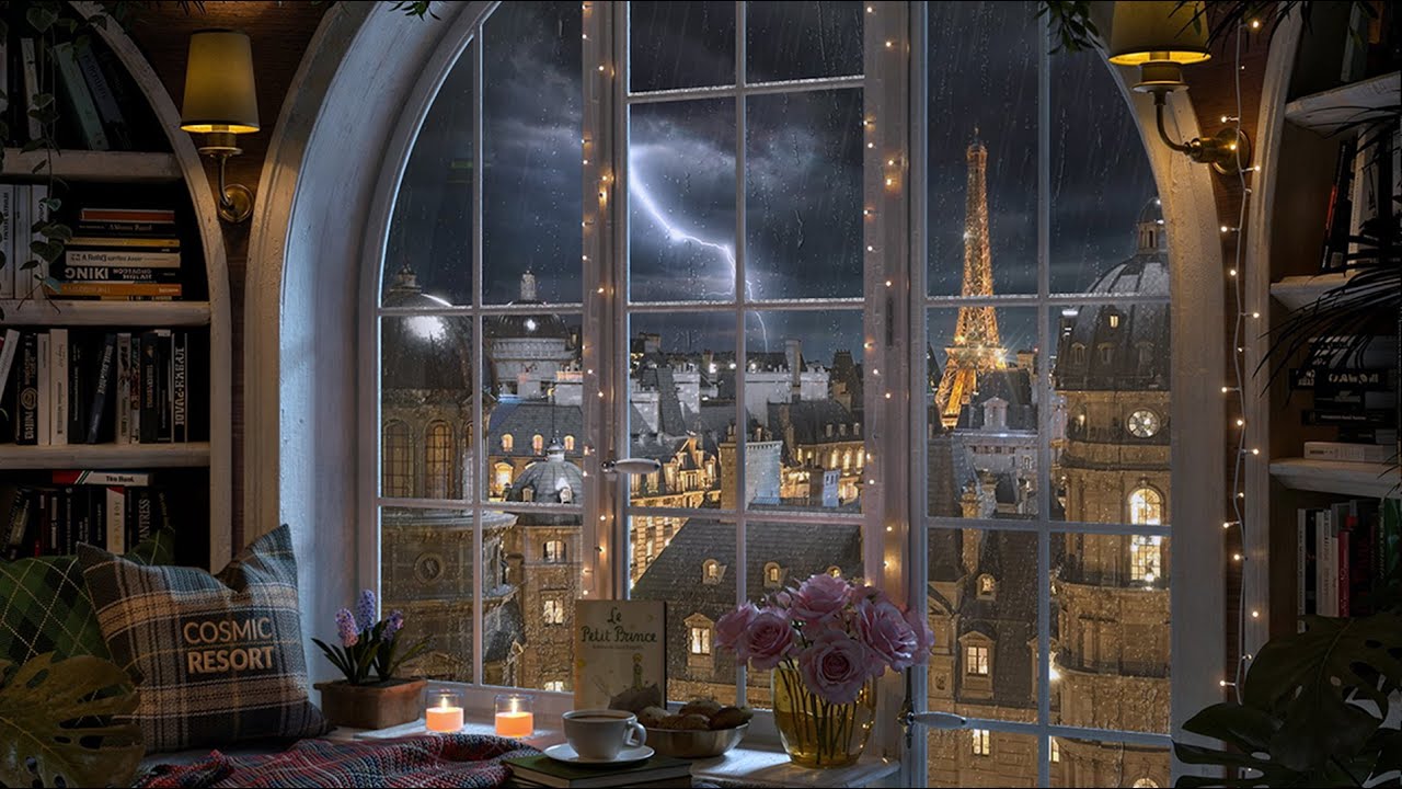 PARIS Reading Nook Ambience with Rolling Thunderstorm Sounds on a Rainy Evening