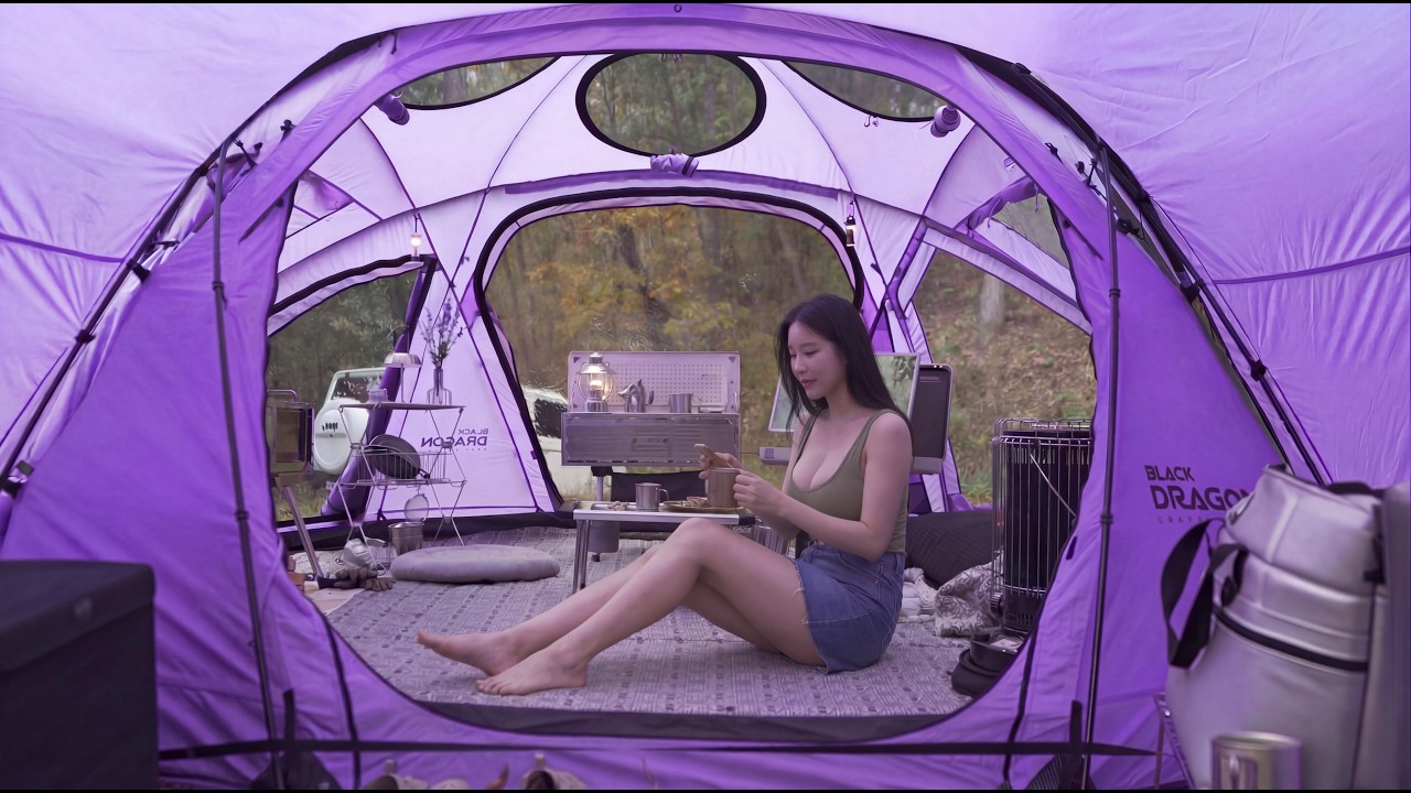 Solo Autumn Camping with My Dog 🍂  Cozy Purple Dome Tent, Forest Glamping & Warm Camp Meals