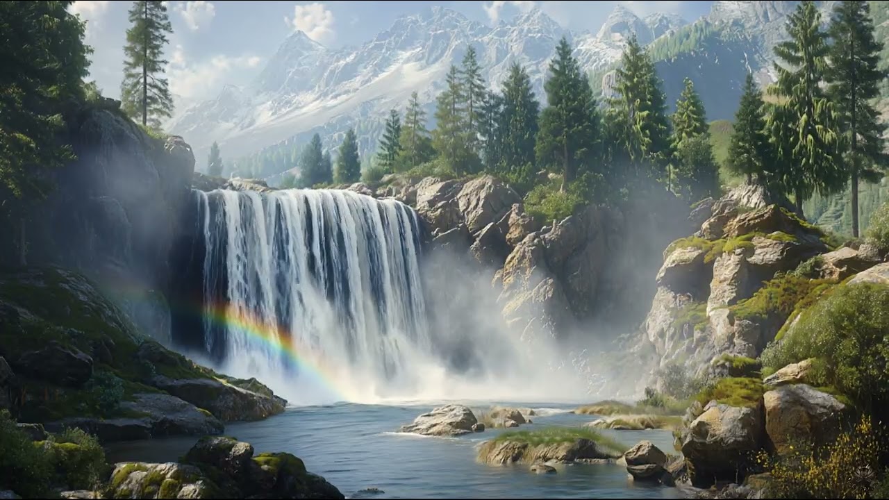 Peaceful Waterfall Ambience 🌊 Rainbow Glow, Birds Singing & Gentle Wind