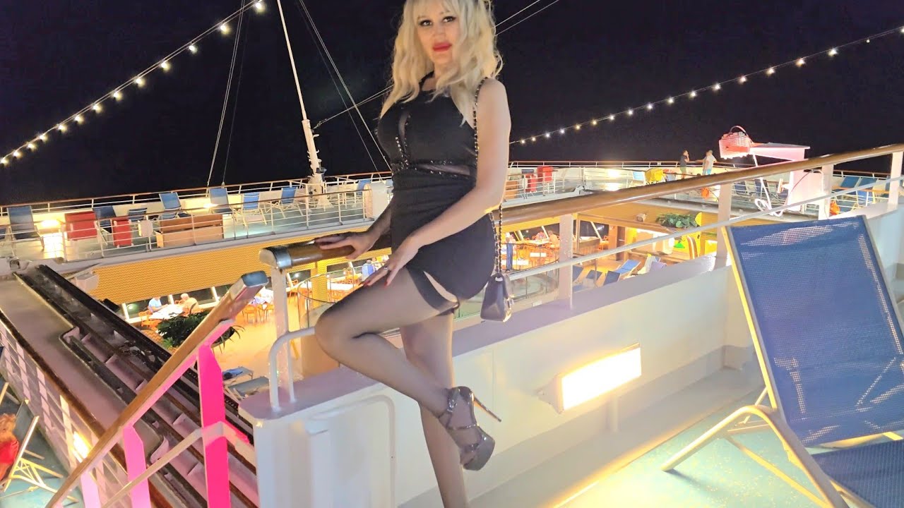 4k, Granate styling, walking public, seeking action on cruise ship, miniskirt, stockings, high heels