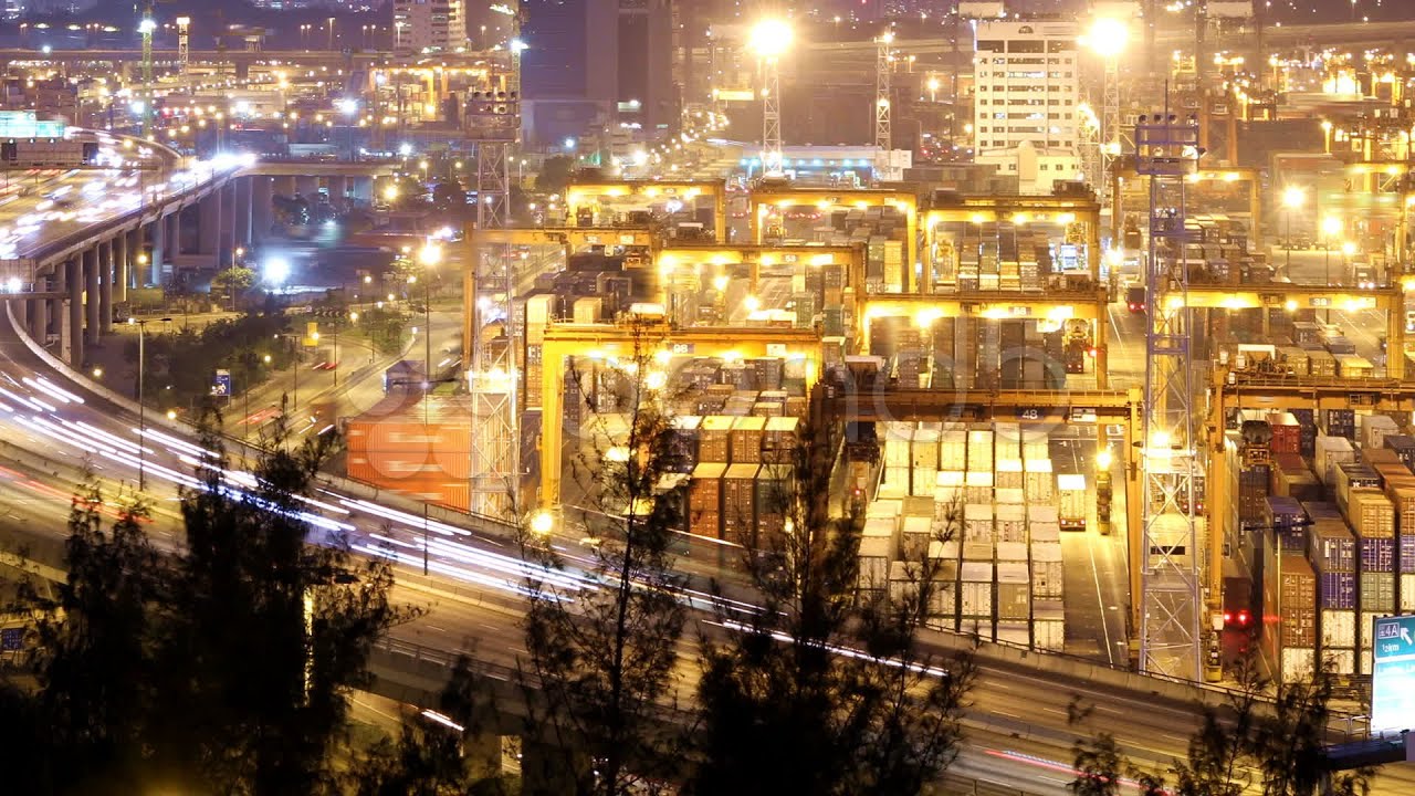 Busy City Night Timelapse. Cargo Container Terminal And Busy Traffic On Highway.. Stock Footage