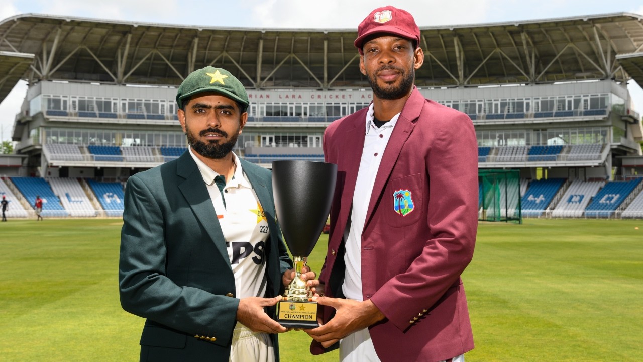 Pakistan Captain Babar Azam Joins Roston Chase for the Test Series Trophy Unveiling