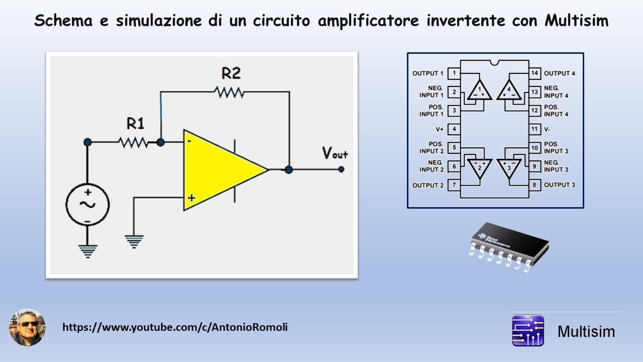 Schema e simulazione circuito con amplificatore operazionale invertente con  MultiSIM