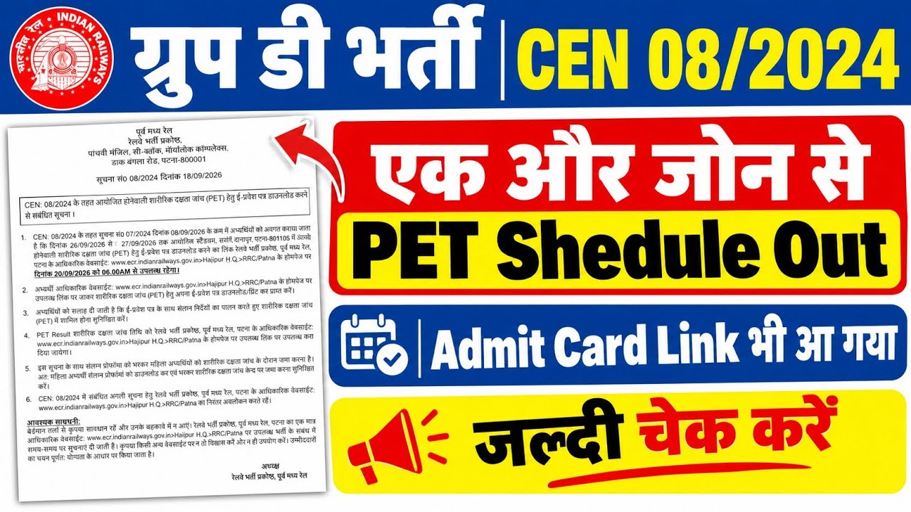Railway Group D भर्ती CEN 08/2024 | एक और जोन का PET Schedule Out | Admit Card Link जारी 