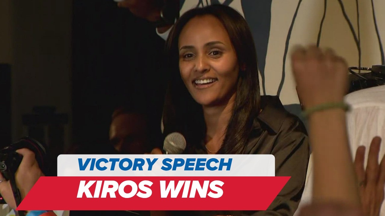 Democratic socialist Melat Kiros speaks after defeating incumbent Diana DeGette in CD1 race