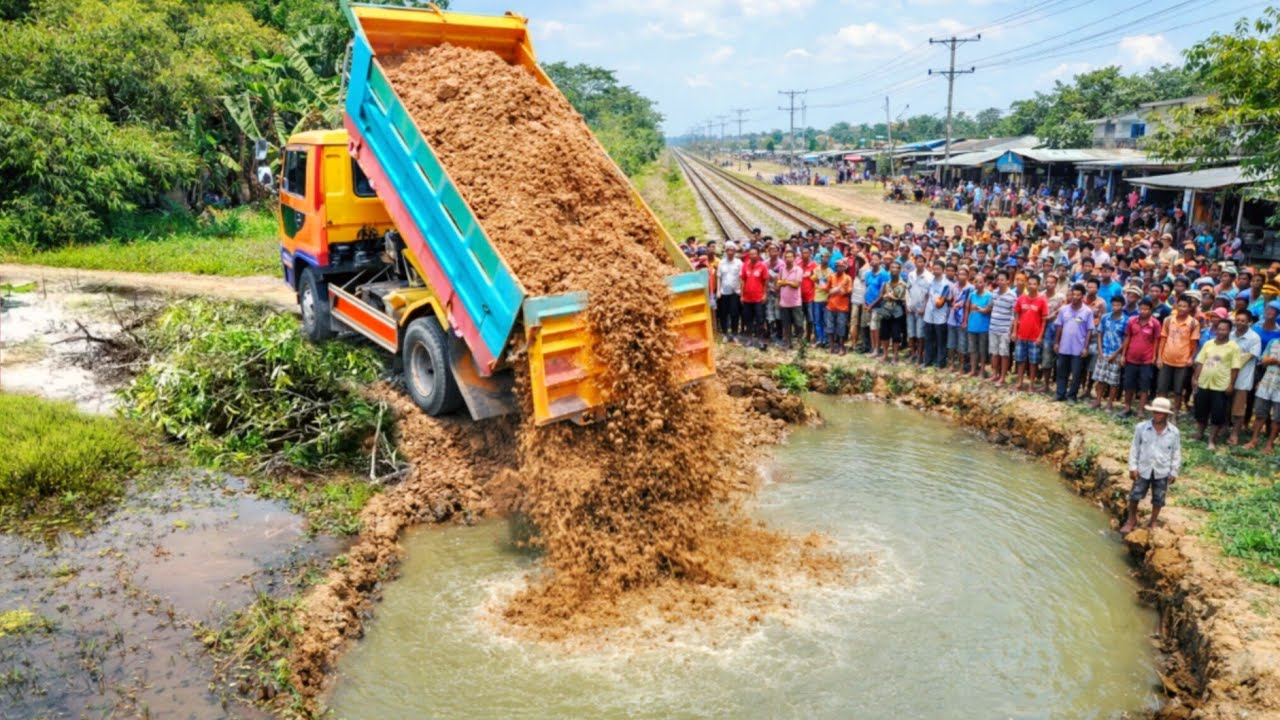 New Complete Soil In The Big Pond Project! 5-T Truck Dumping & skill Bulldozer Pushing Soil
