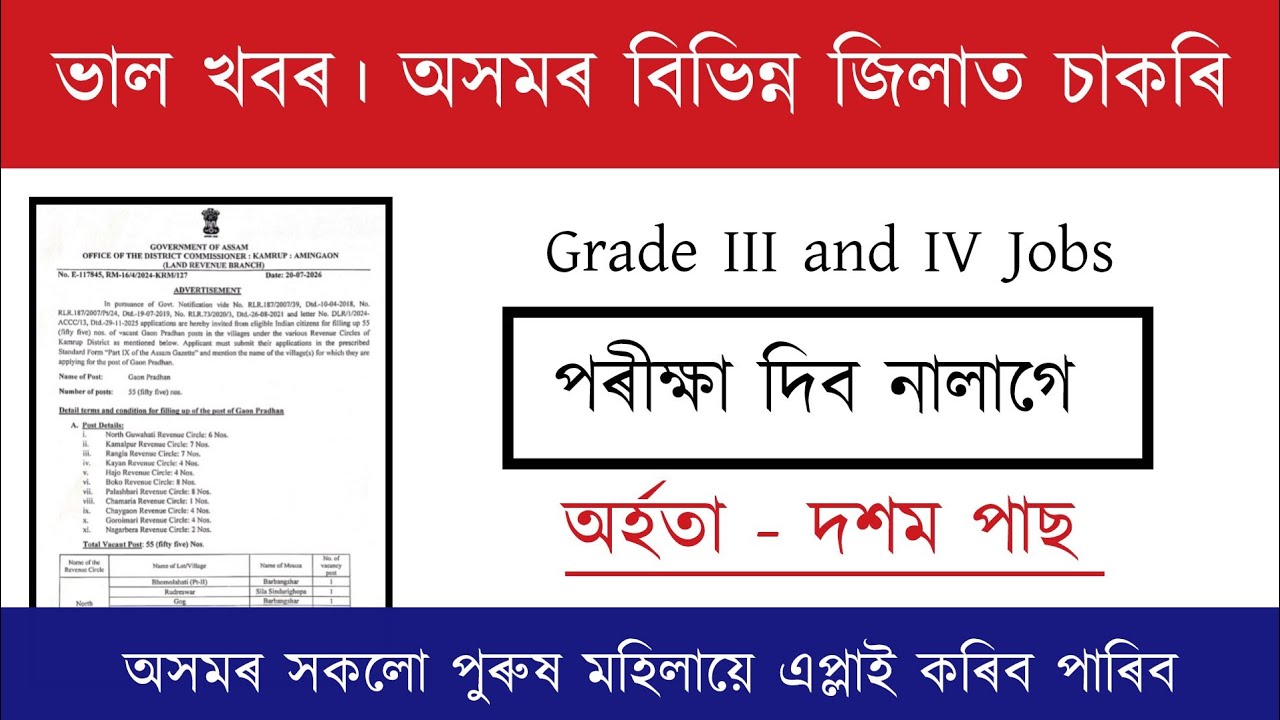 Assam New Recruitment Grade III & IV ।&zwnj; পৰীক্ষা দিব নালাগে | Job Vacancy 2026 | Assam Job Vacancy