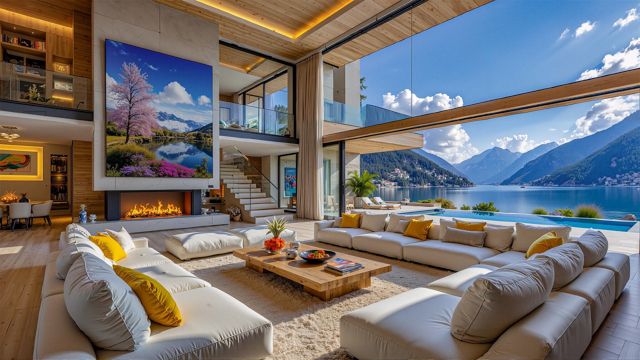 Serene Jazz Music & A Lakeside Morning Scene - Gentle Jazz In A Luxurious Forest-Themed Living Room