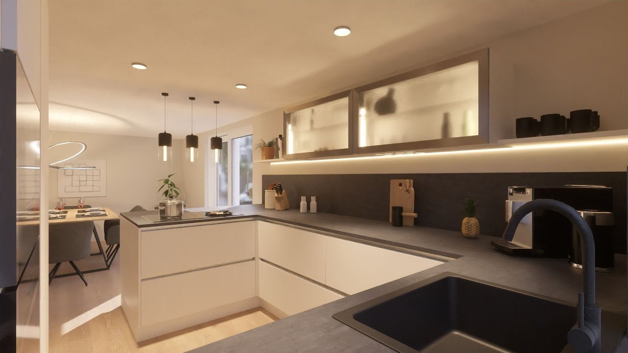 Moderne wei&szlig;e K&uuml;che mit grifflosen Fronten, Glas-Details und Neff-Ger&auml;ten #k&uuml;chenplanung