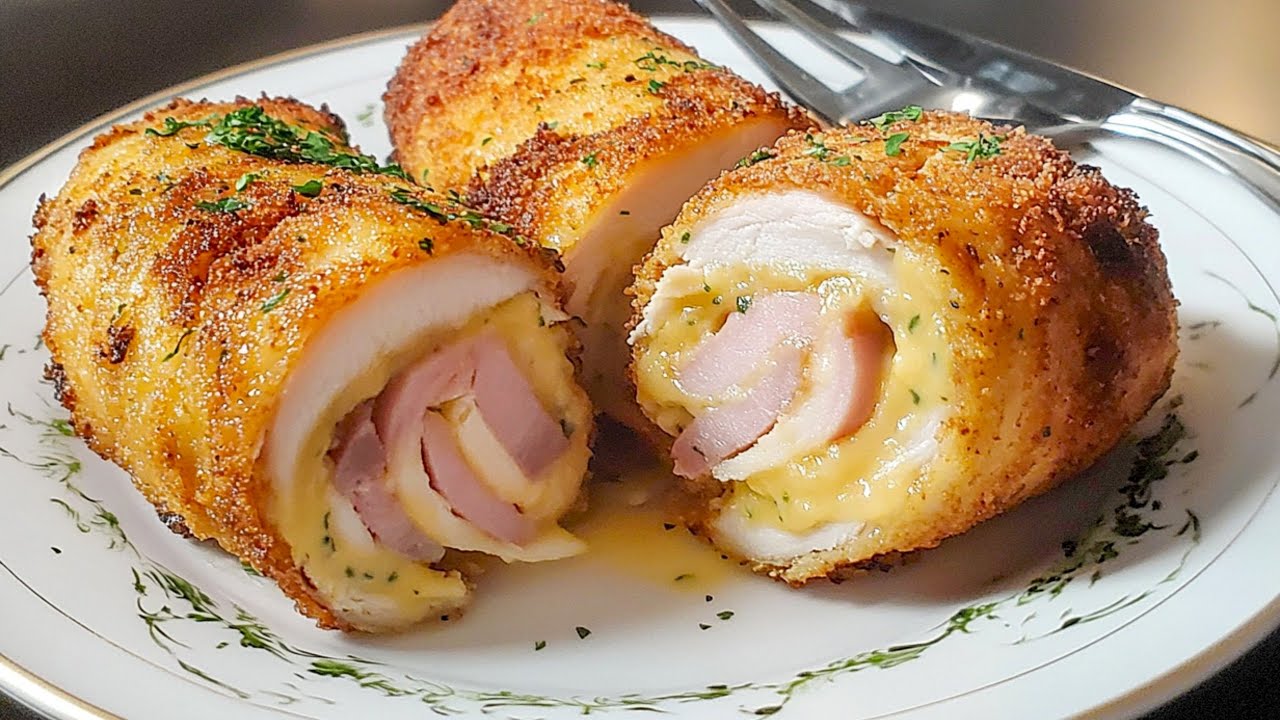 Knusprige Hähnchenröllchen mit Schinken und Käse, eine Geschmacksexplosion, die Gänsehaut verursacht
