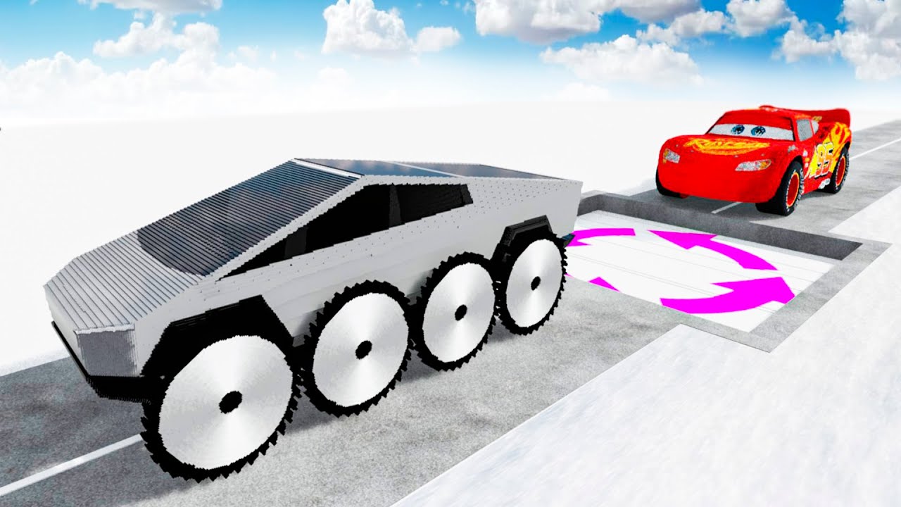 MCQUEEN Giant Transforming Pit to TESLA Cybertruck SAW Wheels in Teardown!