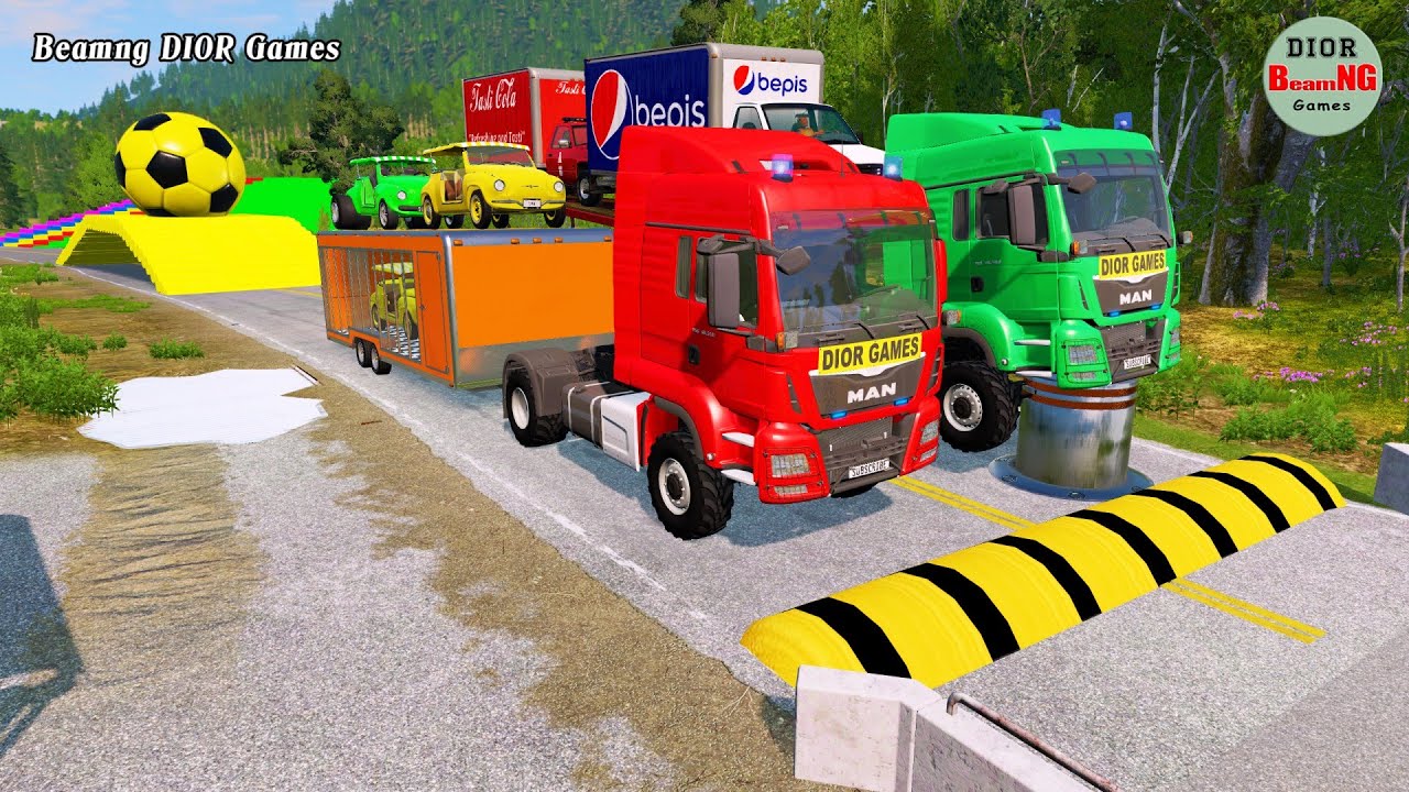 Double Flatbed Trailer Truck vs speed bumps|Busses vs speed bumps|Beamng Drive|522