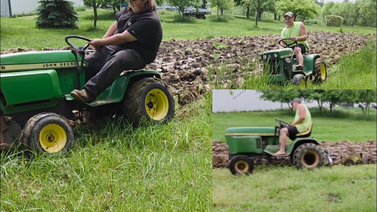 Plowing the garden with John deere 112h, 316, and 400 garden tractors (Plow day)
