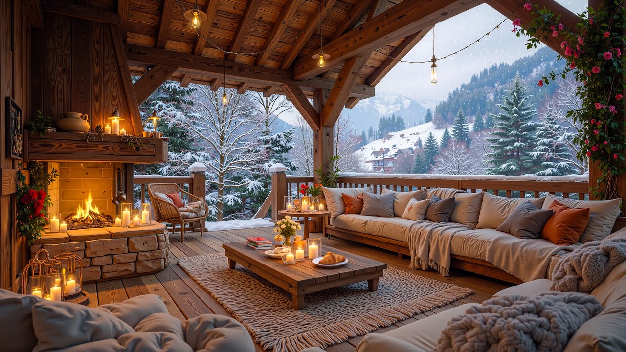 Cozy Winter Porch Jazz ❄ Warm Fireplace Ambience with Soft Jazz Music for Relaxation & Study