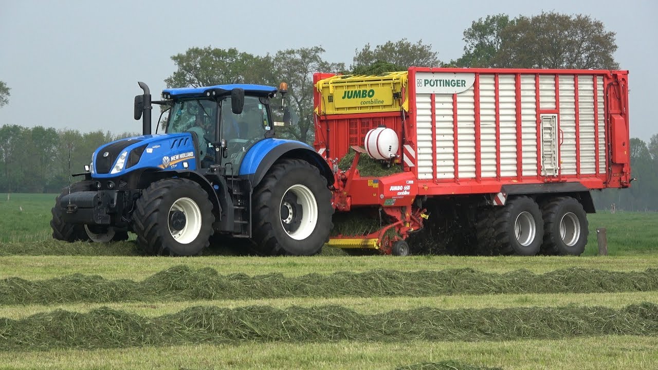 Gras oprapen met New Holland T7.315 en Pöttinger Jumbo 6610 Combiline - Jansen & Hogeman (2019)