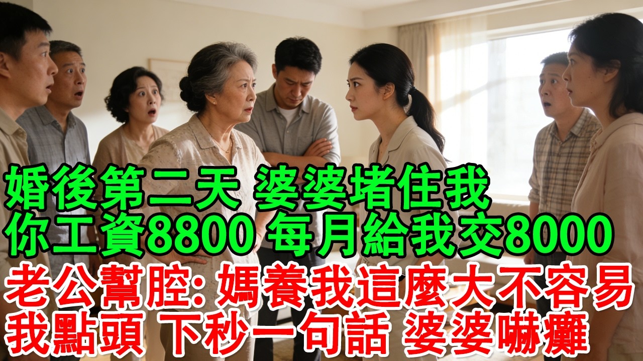 【完結爽文】婚後第二天婆婆堵住我「你工資8800，每月給我交8000千」老公幫腔「媽養我這麼大不容易」我掏出手機「行」下秒一句話，婆婆嚇癱，婆家炸鍋#婆媳 #情感故事 #為人處世 #故事 #老年生活