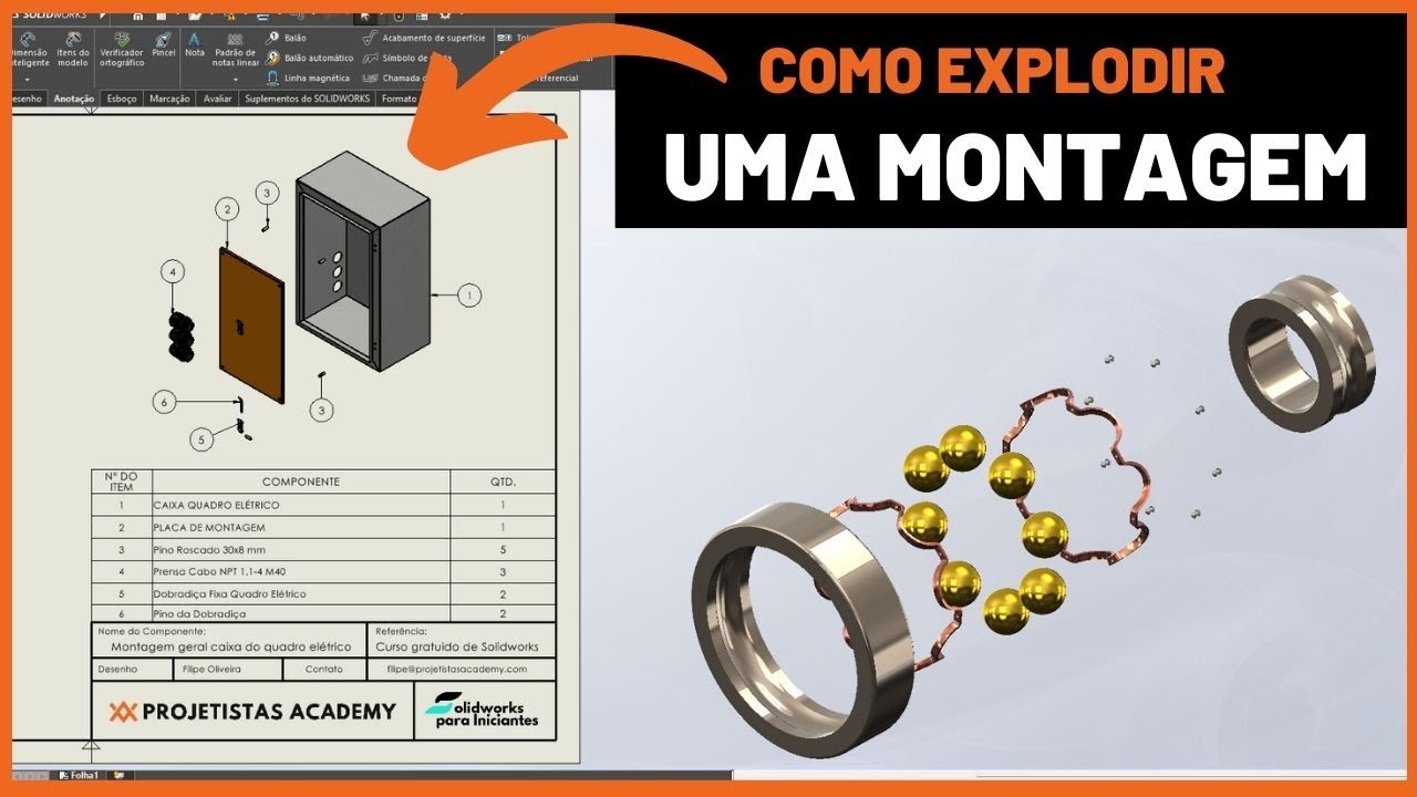 VISTA EXPLODIDA NO SOLIDWORKS - MONTAGEM E FOLHA DE DESENHO