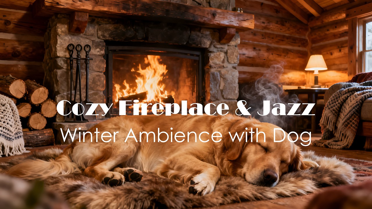 Fireplace Crackling & Soft Jazz | Cozy Winter Ambience with Our Dog