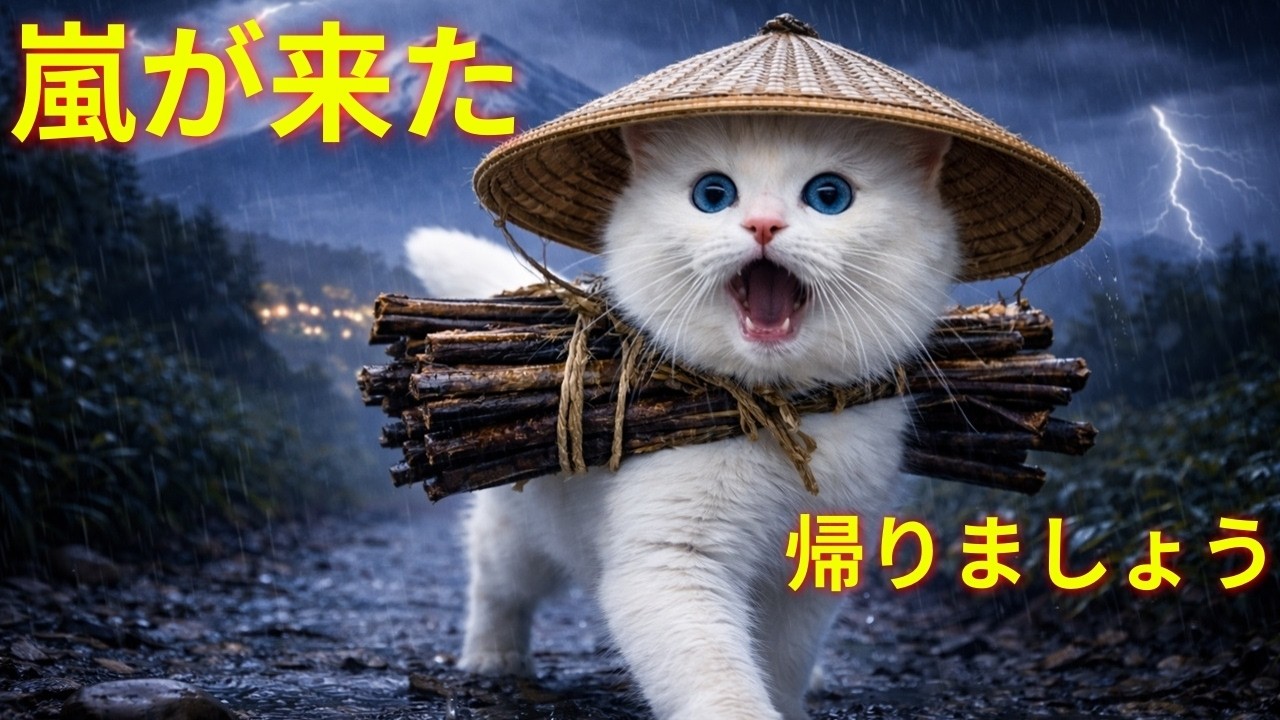 【ももたろ 家族】雨に打たれた白ねことあたたかいおかゆ