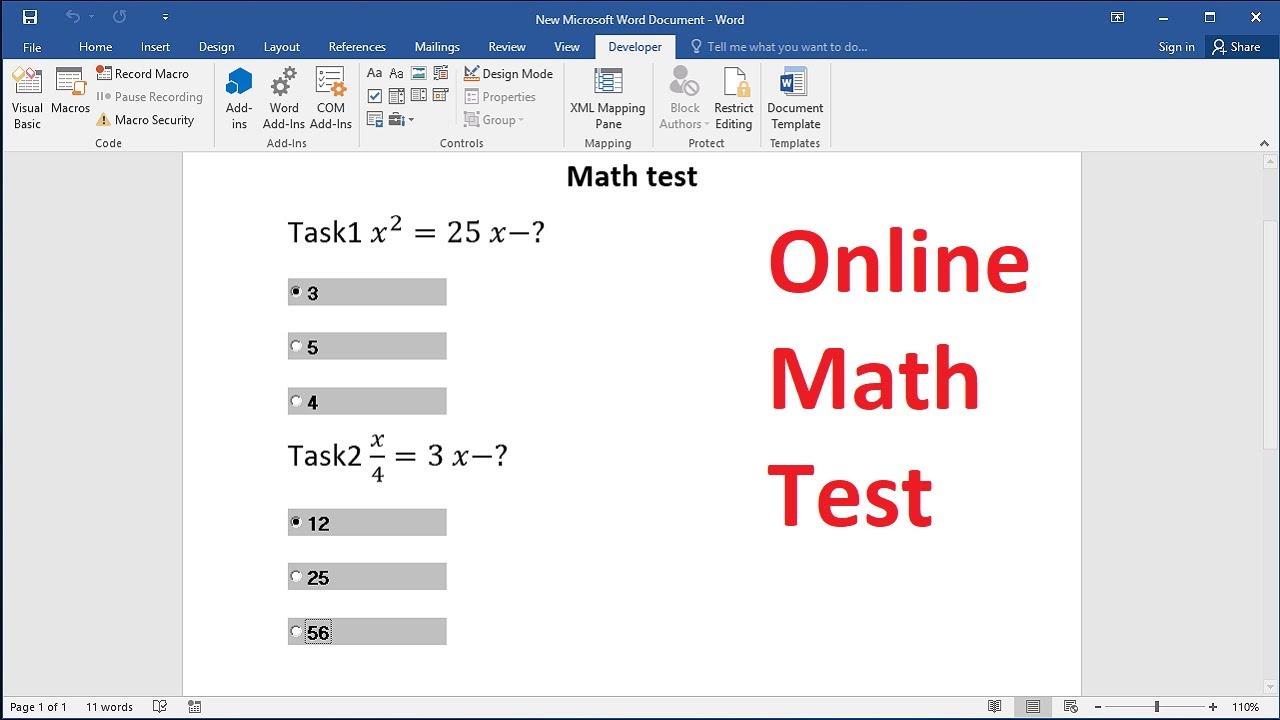 Create online math test in word: Make math test with radio button in word Writing math equations