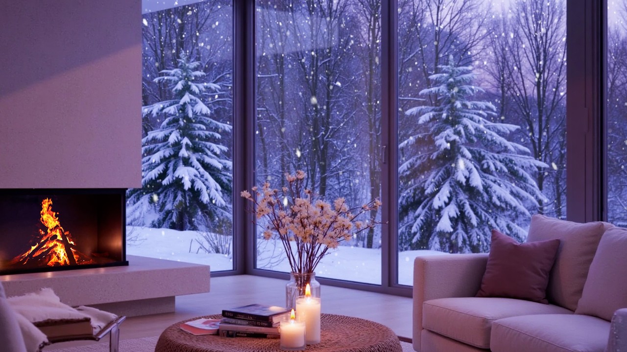 Soft Winter Piano by the Fireplace in a Snowy White Room | Peaceful Window Snowfall Ambience