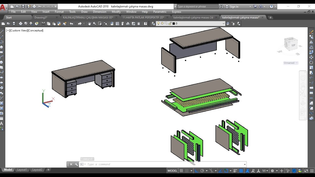 Autocad 3d Kalınlaştırmalı Masa Çizimi