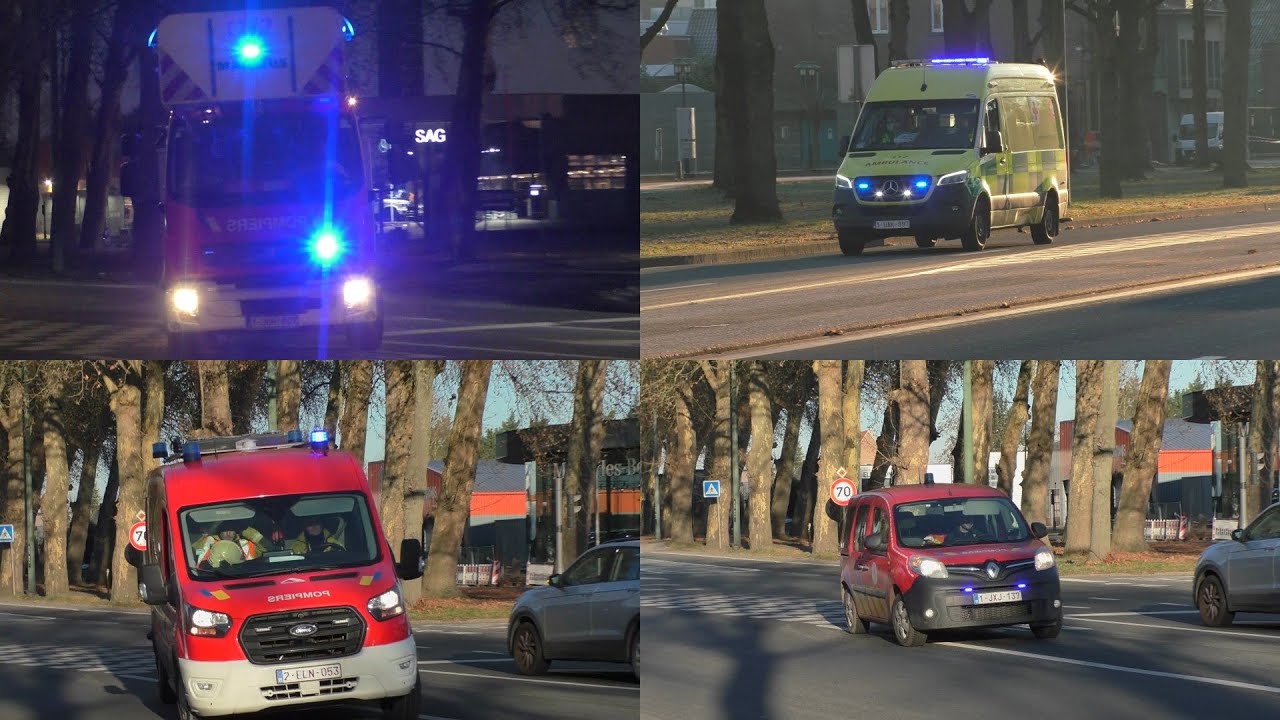 (Nieuwe signa)Brandweer ambulance Rode kruis  zijn met spoed onderweg naar interventies in Doornik